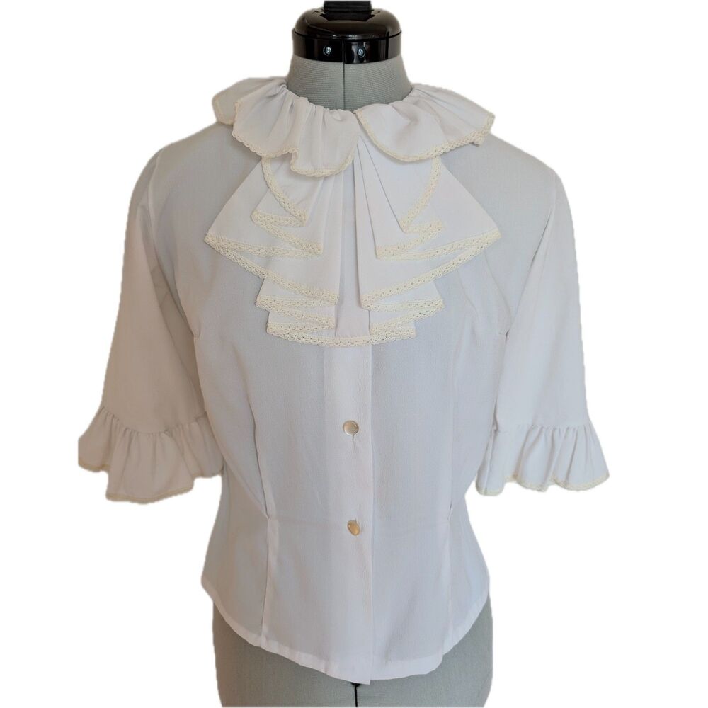 1960s MARDI MODES Jabot Collar Victorian Revival Crepe Ruffle Tailored Top Sz M